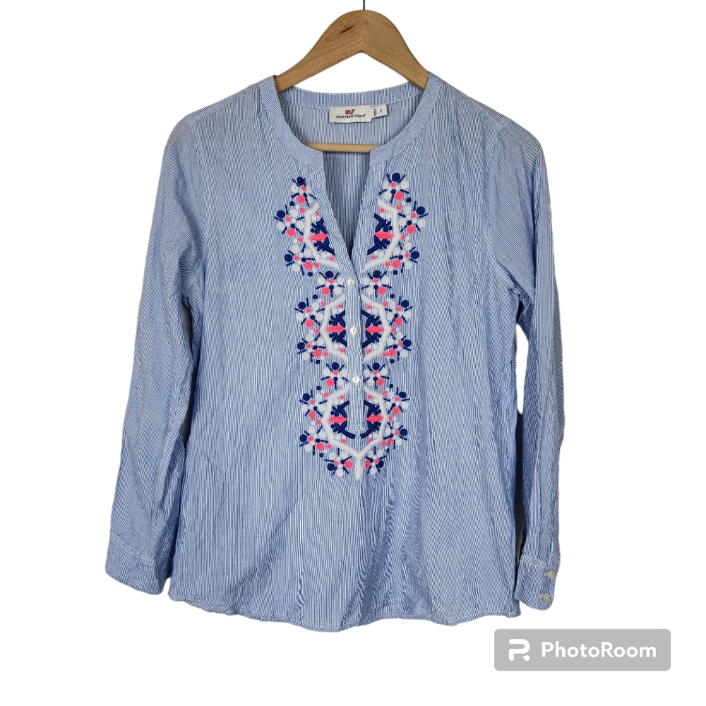 Vineyard Vines Blue White Striped Embroidered Popover Blouse Top Sz 2